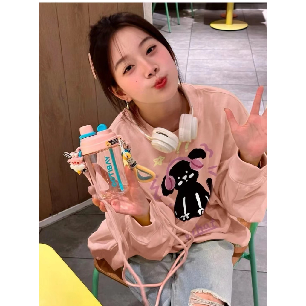 Newmine⭐Áo sweater Áo nỉ dài tay Áo Thun Nỉ Tay Dài Cổ Tròn Dáng Rộng In Hình Cô Gái Phong Cách Thời Trang