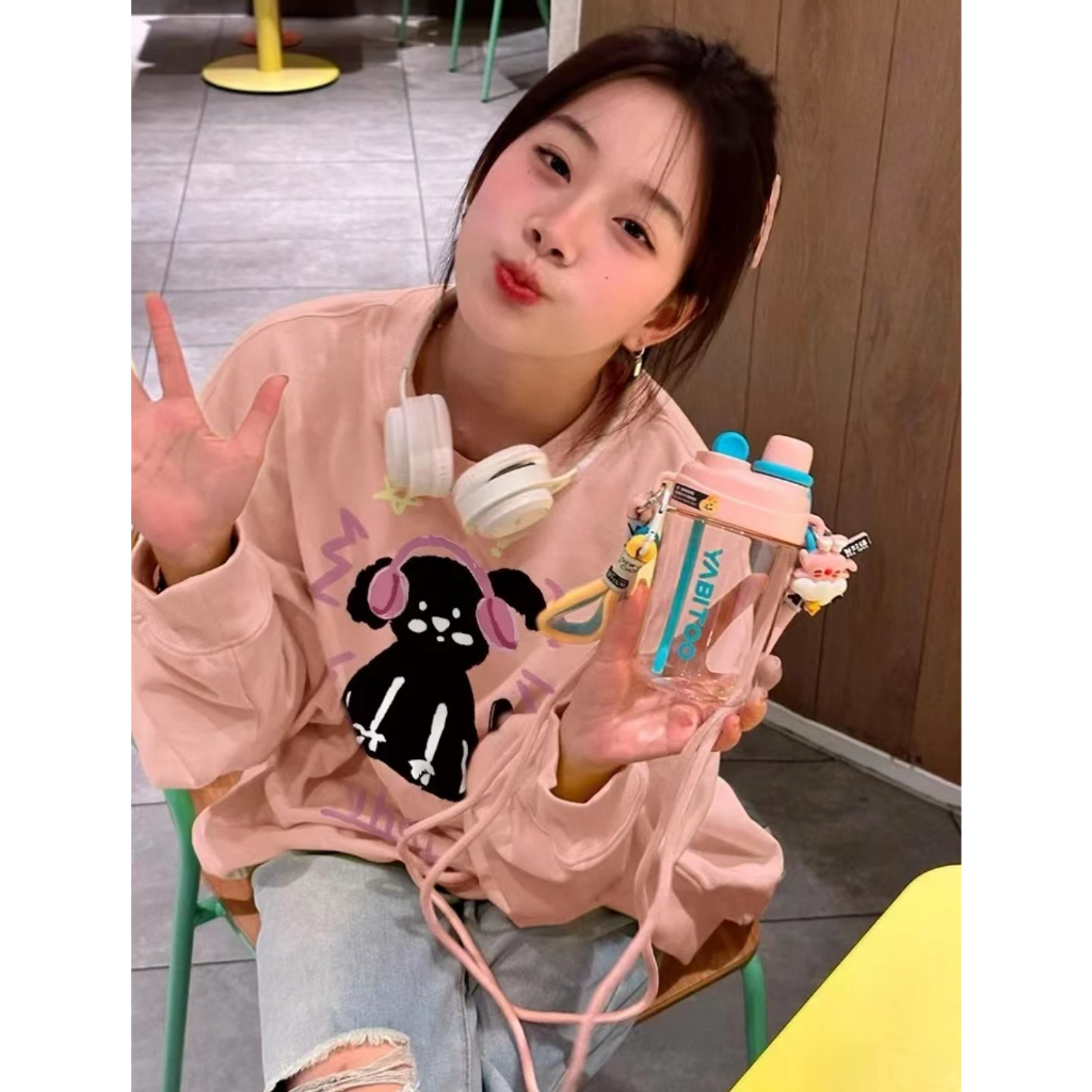 Newmine⭐Áo sweater Áo nỉ dài tay Áo Thun Nỉ Tay Dài Cổ Tròn Dáng Rộng In Hình Cô Gái Phong Cách Thời Trang