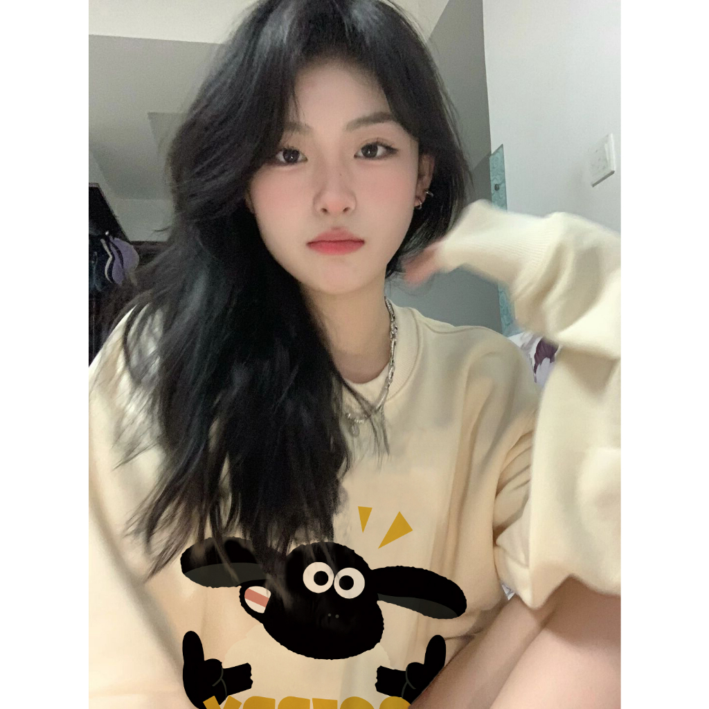 Áo sweater Áo nỉ dài tay Áo Thun Nỉ Tay Dài Cổ Tròn Dáng Rộng In Hình Cô Gái Phong Cách Thời Trang