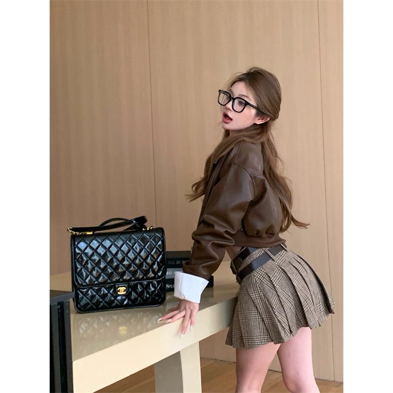 Xs Bộ Áo Khoác Da pu Dài Tay Có Khóa Kéo + Áo Sơ Mi Trắng Dài Tay + Chân Váy Chữ a Lưng Cao Xếp Ly Thời Trang Cho Nữ