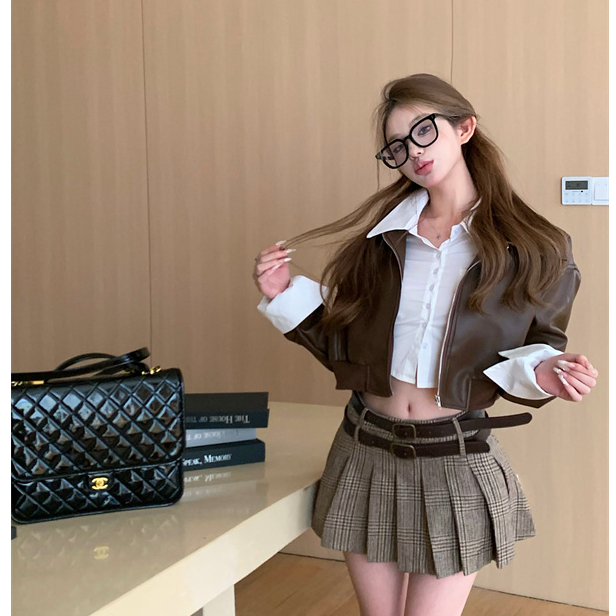 Xs Bộ Áo Khoác Da pu Dài Tay Có Khóa Kéo + Áo Sơ Mi Trắng Dài Tay + Chân Váy Chữ a Lưng Cao Xếp Ly Thời Trang Cho Nữ