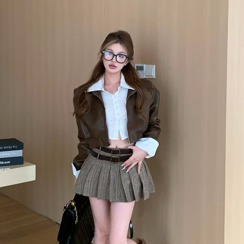 Xs Bộ Áo Khoác Da pu Dài Tay Có Khóa Kéo + Áo Sơ Mi Trắng Dài Tay + Chân Váy Chữ a Lưng Cao Xếp Ly Thời Trang Cho Nữ