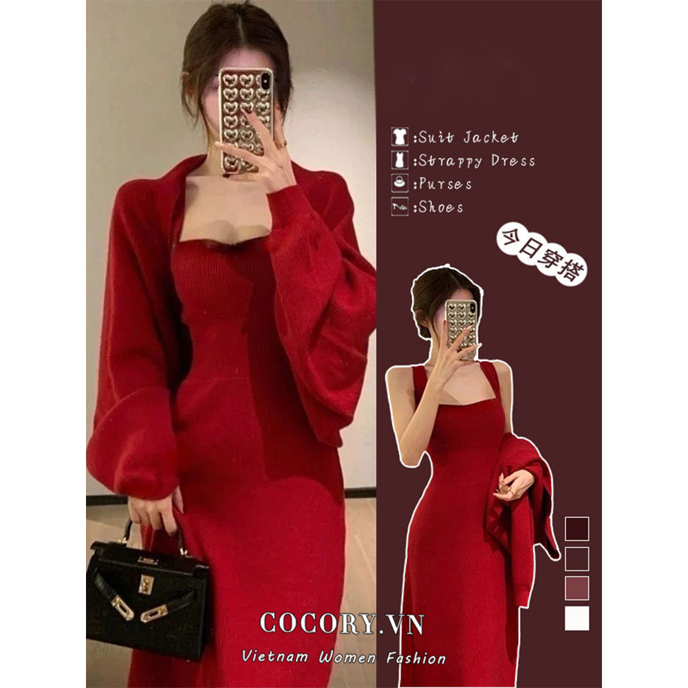 Cocory vn Bộ Đầm Yếm Không Tay + Áo Khoác Dệt Kim Tay Dài Dáng Rộng Kiểu Hàn Quốc Xinh Xắn