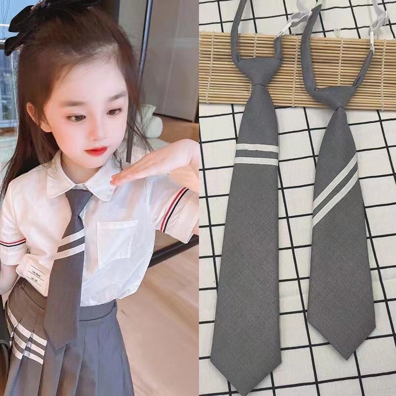 Cà Vạt Vải Lanh Kẻ Sọc Màu Xám Phong Cách Nhật Bản Dễ Thương Cho Nữ