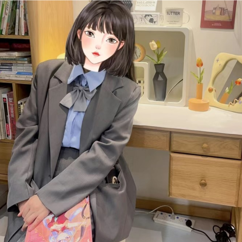 Cà Vạt Vải Lanh Kẻ Sọc Màu Xám Phong Cách Nhật Bản Dễ Thương Cho Nữ