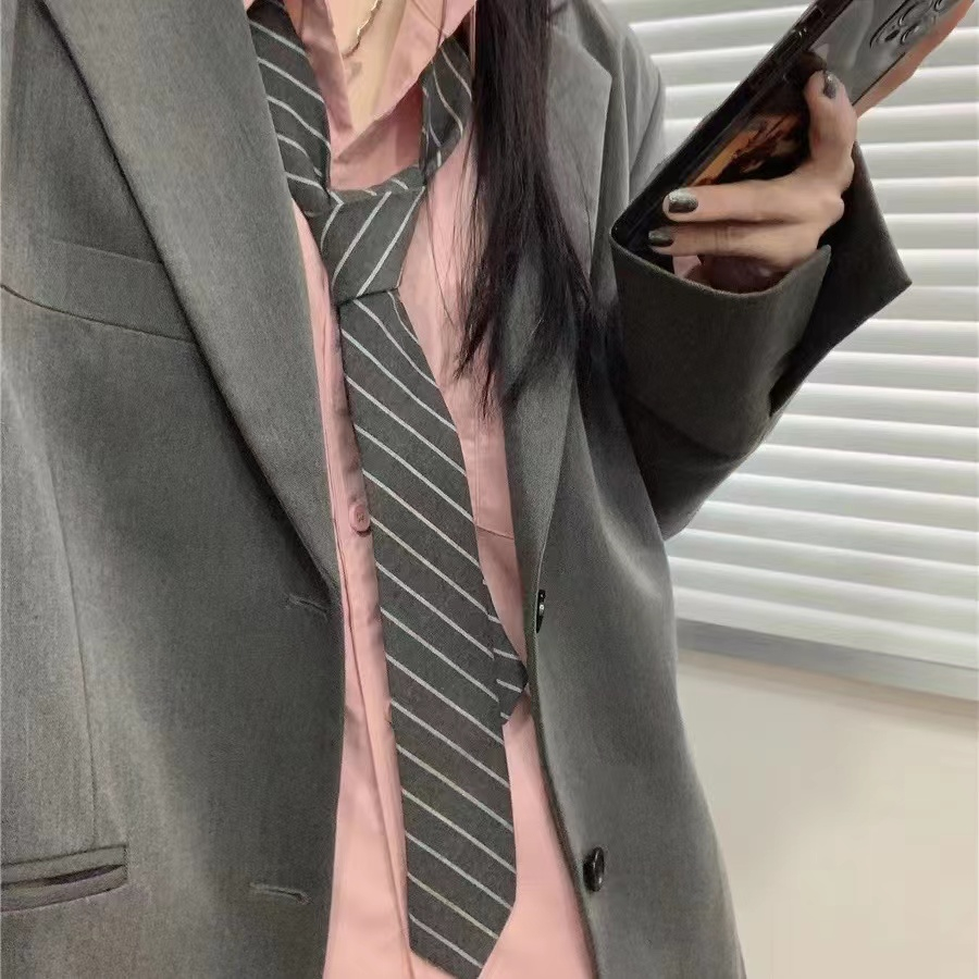 Cà Vạt Vải Lanh Kẻ Sọc Màu Xám Phong Cách Nhật Bản Dễ Thương Cho Nữ