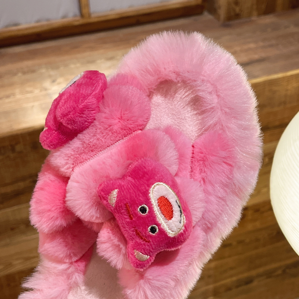 Mùa Thu Đông Dễ Thương Màu Kẹo Cô Gái Trái Tim Nơ Dâu Gấu Nhà Dép Cotton Ấm Áp