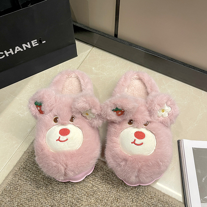 Mùa Thu Đông Mới Họa Tiết Gấu Dâu Tây Dễ Thương Nhà Dép Cotton Ấm Áp