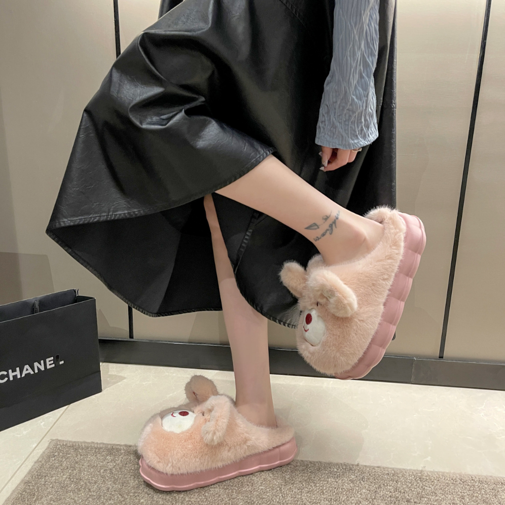 Mùa Thu Đông Mới Họa Tiết Gấu Dâu Tây Dễ Thương Nhà Dép Cotton Ấm Áp