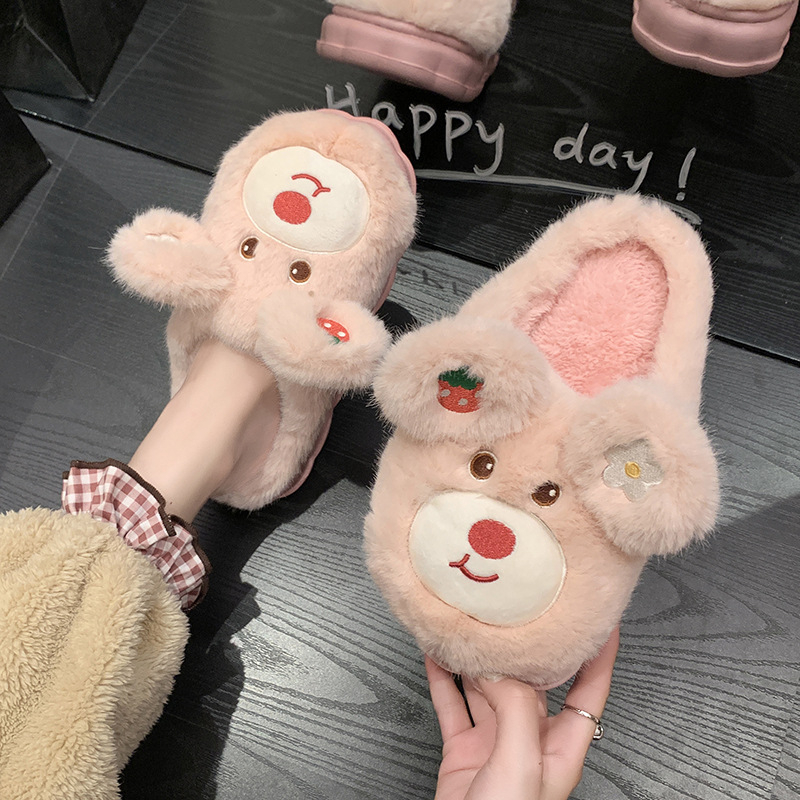 Mùa Thu Đông Mới Họa Tiết Gấu Dâu Tây Dễ Thương Nhà Dép Cotton Ấm Áp