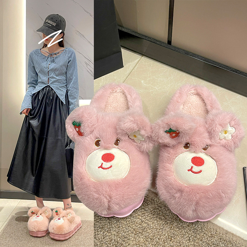 Mùa Thu Đông Mới Họa Tiết Gấu Dâu Tây Dễ Thương Nhà Dép Cotton Ấm Áp