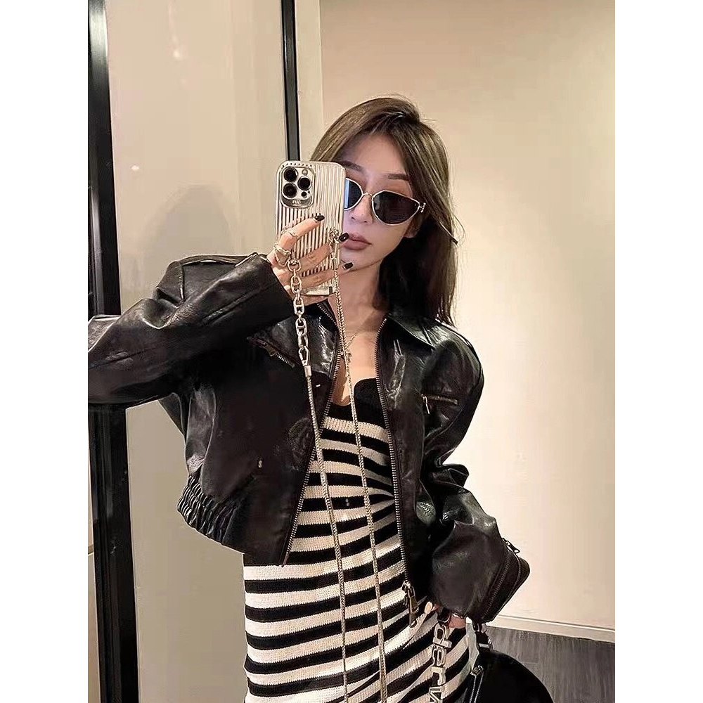 Đen Áo Khoác Da Dáng Ngắn Phong Cách retro Mỹ 2023 Cho Nữ