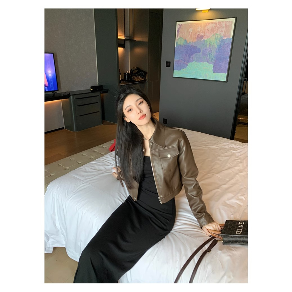 Áo Khoác Da pu Màu Nâu Cà Phê Phong Cách retro Cá Tính Cho Nữ