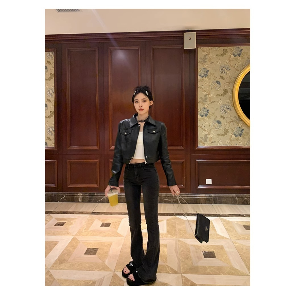 Áo Khoác Da pu Màu Nâu Cà Phê Phong Cách retro Cá Tính Cho Nữ