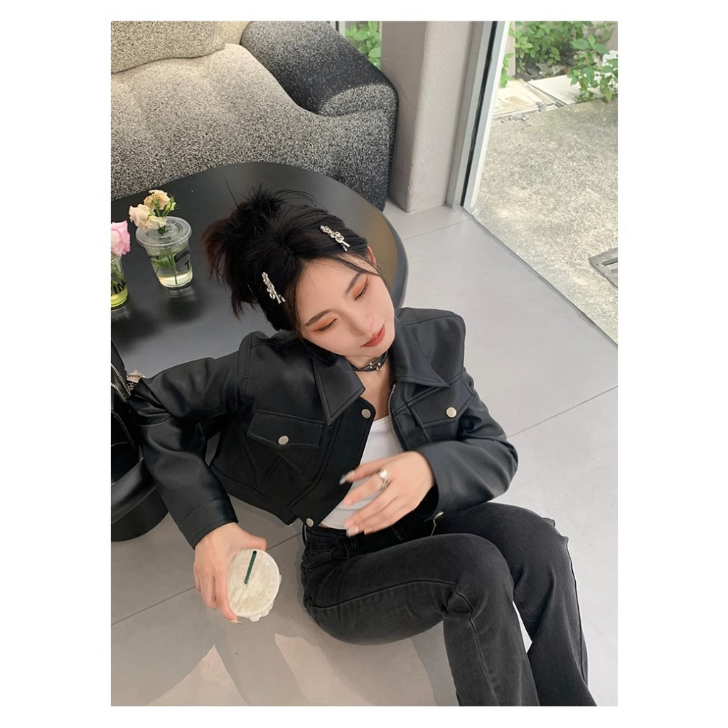 Áo Khoác Da pu Màu Nâu Cà Phê Phong Cách retro Cá Tính Cho Nữ