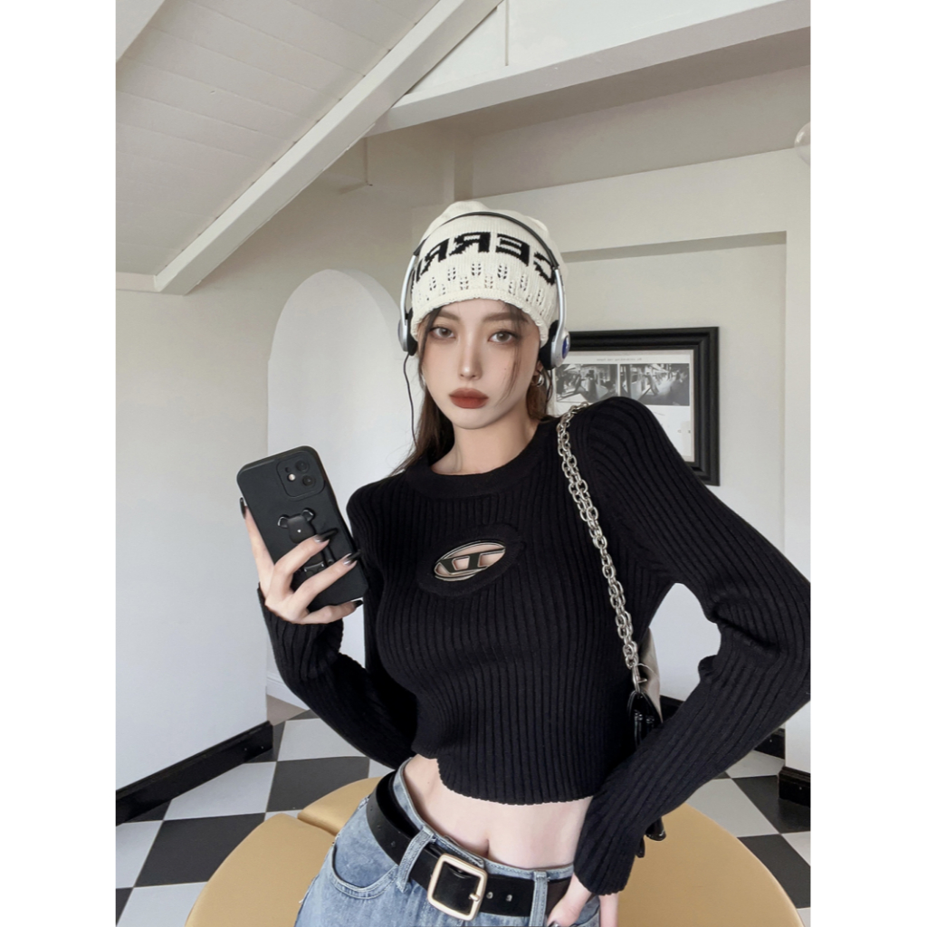 QADCOL Áo croptop Áo Dệt Kim Hai Màu Sắc Ôm Dáng Thời Trang Dành Cho Nữ