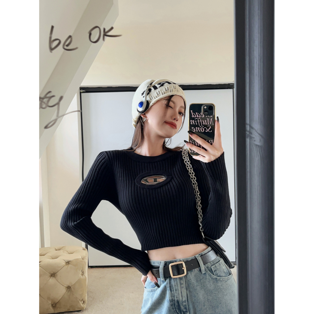 QADCOL Áo croptop Áo Dệt Kim Hai Màu Sắc Ôm Dáng Thời Trang Dành Cho Nữ