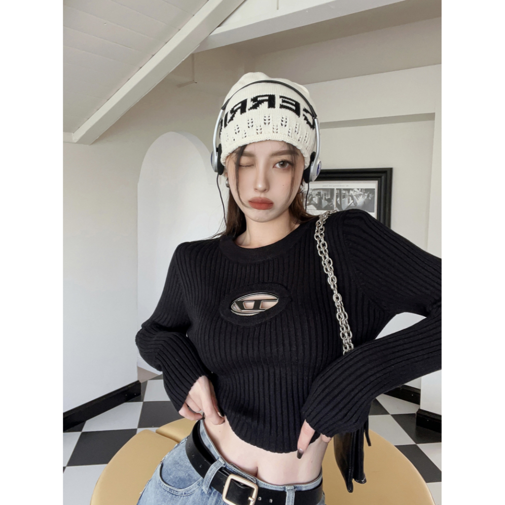 QADCOL Áo croptop Áo Dệt Kim Hai Màu Sắc Ôm Dáng Thời Trang Dành Cho Nữ