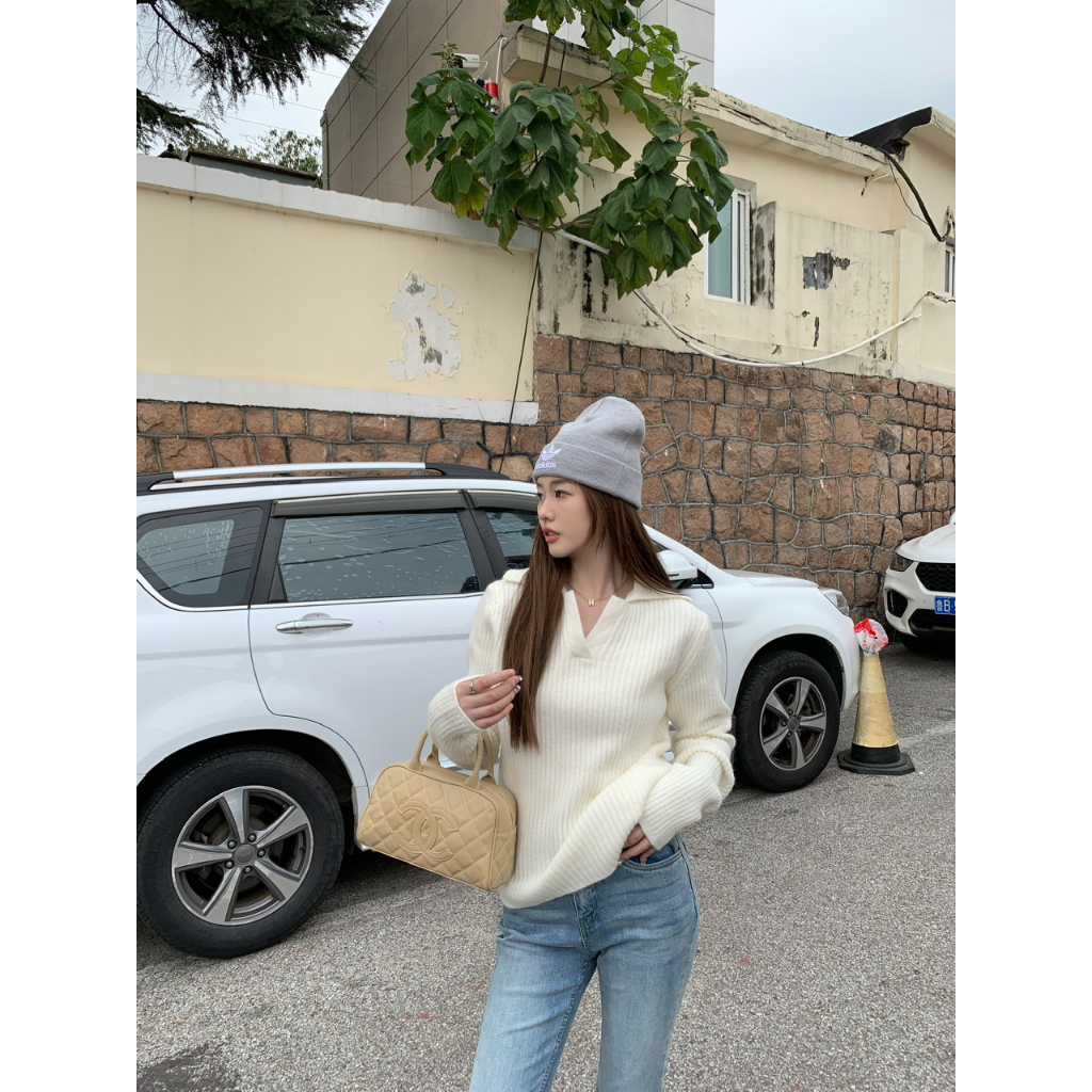 「MOTEL7」Áo sweater Dệt Kim Dày Dáng Dài Cổ Bẻ Kẻ Sọc Ngang Thời Trang Thu Đông