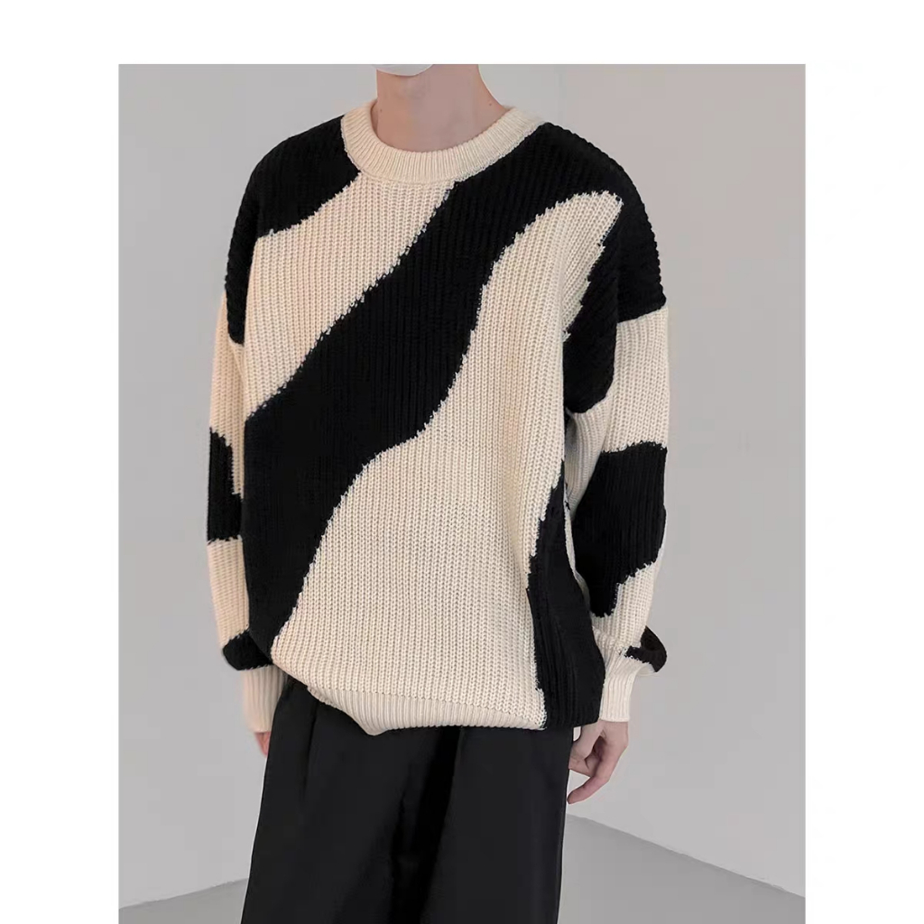 Yazhiniao Áo sweater Chui Đầu Dáng Rộng Phối Màu Tương Phản Cá Tính Cho Nam