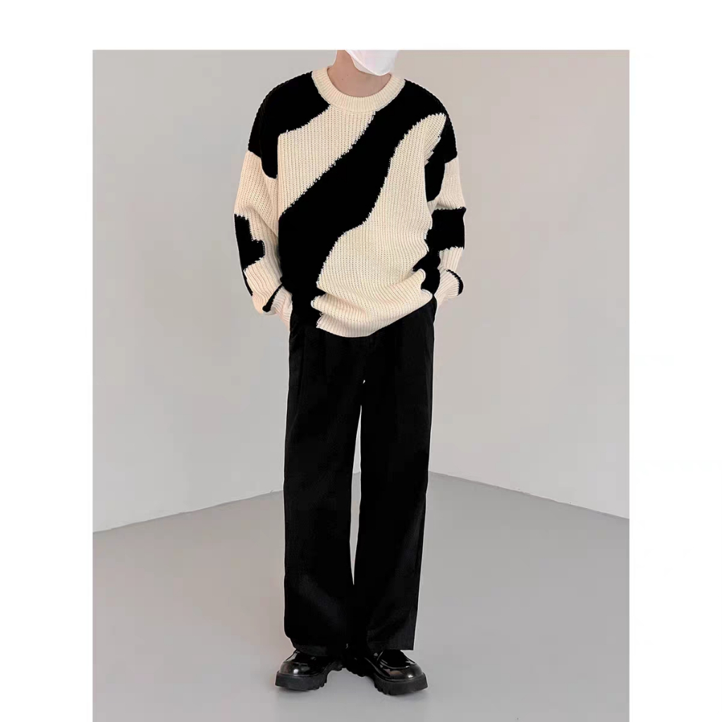 Yazhiniao Áo sweater Chui Đầu Dáng Rộng Phối Màu Tương Phản Cá Tính Cho Nam