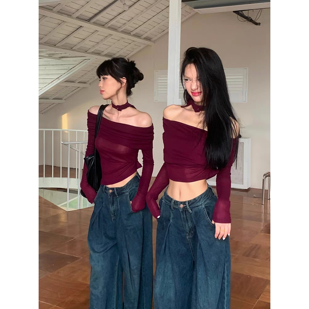 Áo croptop GUI MA tay dài trễ vai quyến rũ thời trang cho nữ