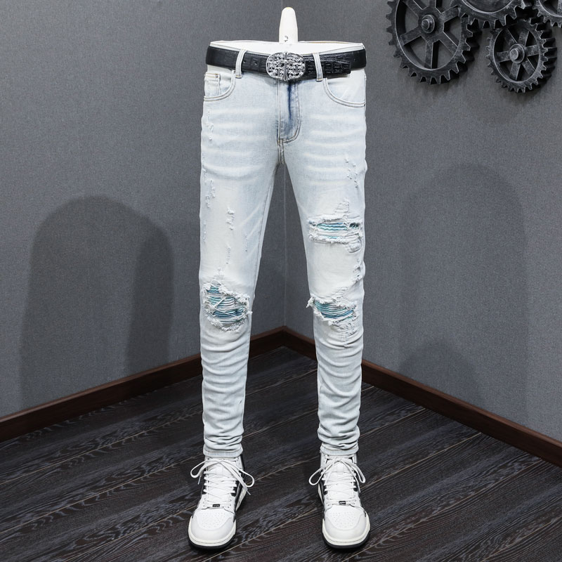 Amiri Street Fashion Men Jeans Retro Light Blue Slim Fit Sky Blue Patch Design Process High Quality Men Jeans