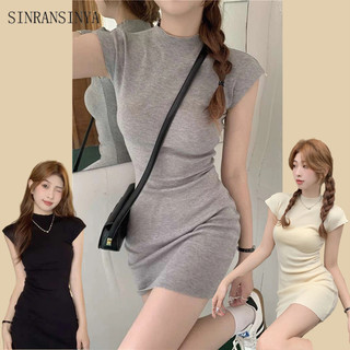 Đầm SINRANSINYA tay ngắn cổ tròn màu trơn phong cách Hàn Quốc thời trang cho nữ