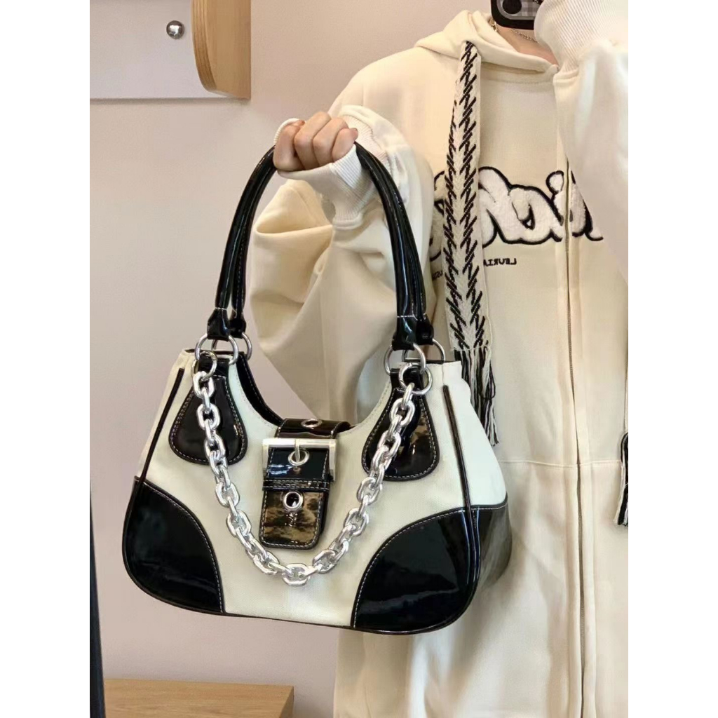 Túi Xách Đeo Vai Vải canvas Phối Dây Xích Bằng Da Bóng Sang Trọng Cho Nữ