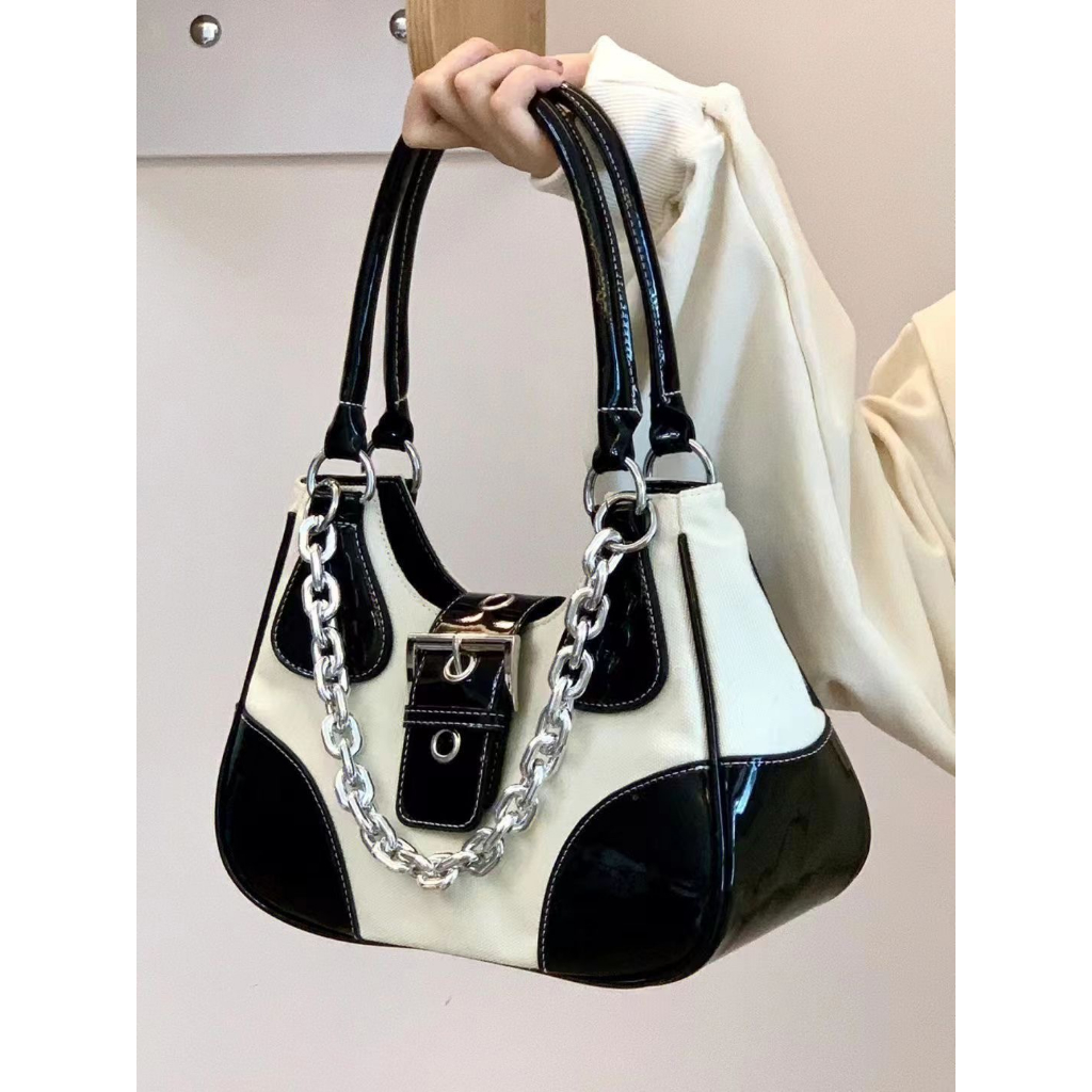 Túi Xách Đeo Vai Vải canvas Phối Dây Xích Bằng Da Bóng Sang Trọng Cho Nữ