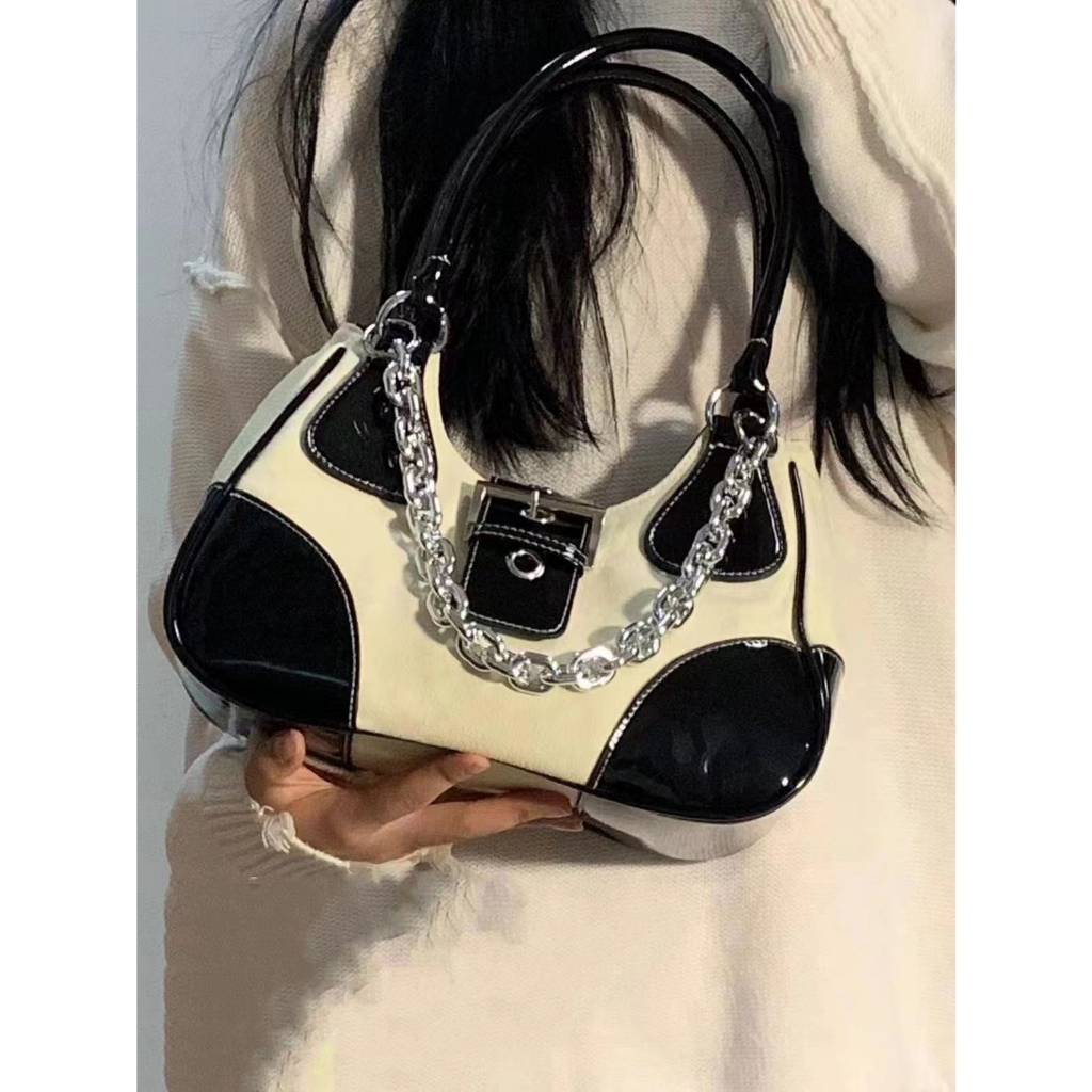 Túi Xách Đeo Vai Vải canvas Phối Dây Xích Bằng Da Bóng Sang Trọng Cho Nữ