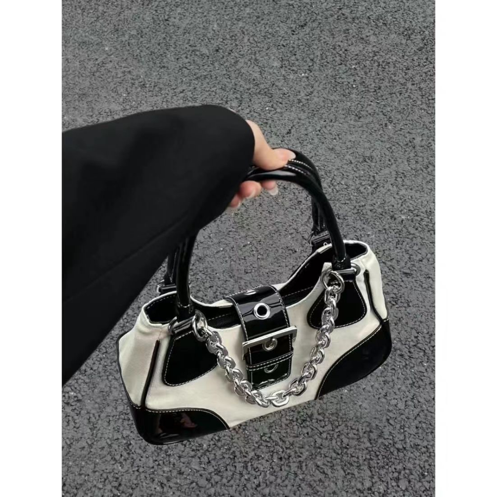 Túi Xách Đeo Vai Vải canvas Phối Dây Xích Bằng Da Bóng Sang Trọng Cho Nữ