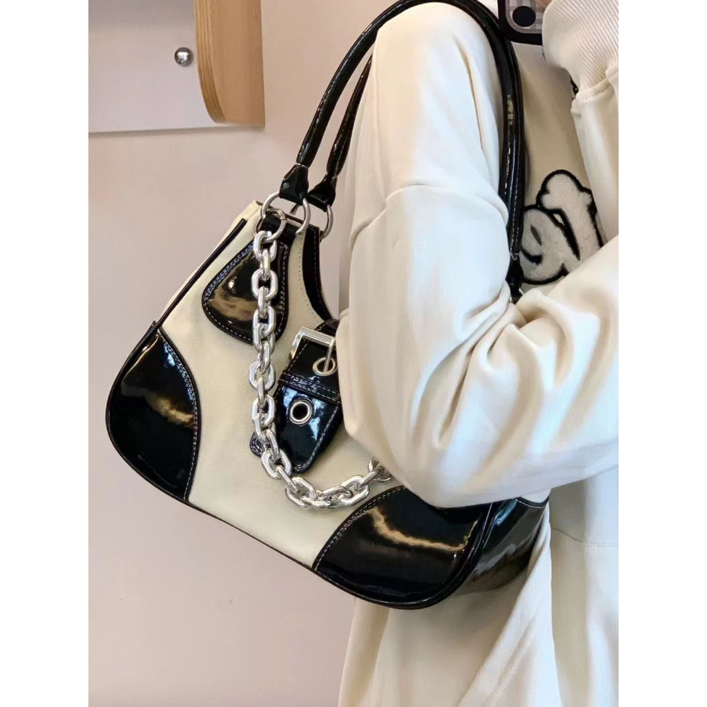 Túi Xách Đeo Vai Vải canvas Phối Dây Xích Bằng Da Bóng Sang Trọng Cho Nữ