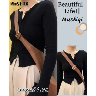 Mushiqi Áo Thun Nữ Tay Dài Cổ Chữ v Xẻ Tà Thời Trang Quyến Rũ