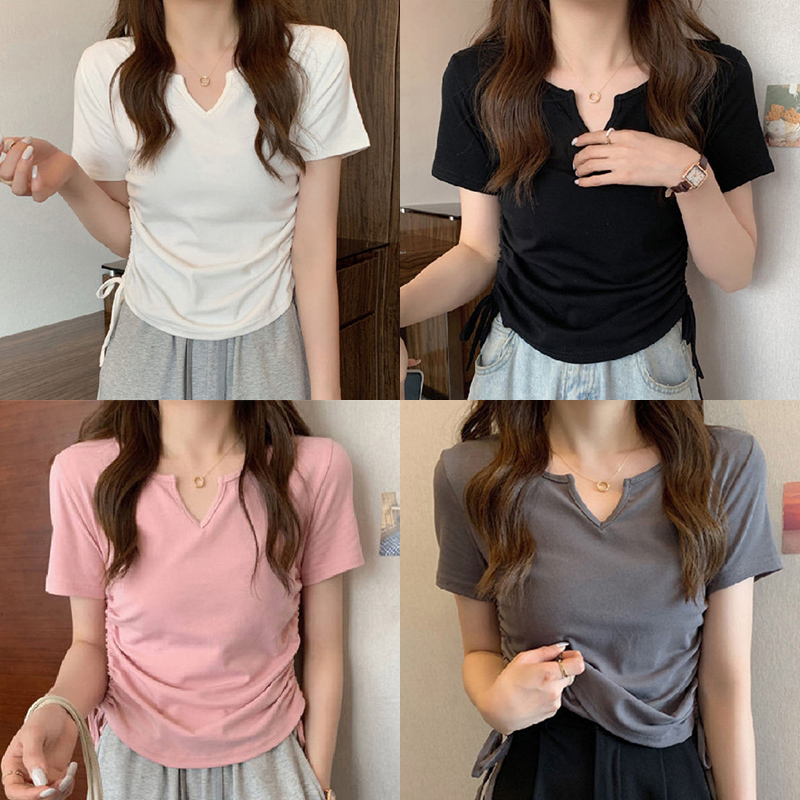 Áo Thun Tay Ngắn Cổ Chữ V Màu Trơn Phối Dây Rút Thời Trang Mùa Hè Cho Nữ