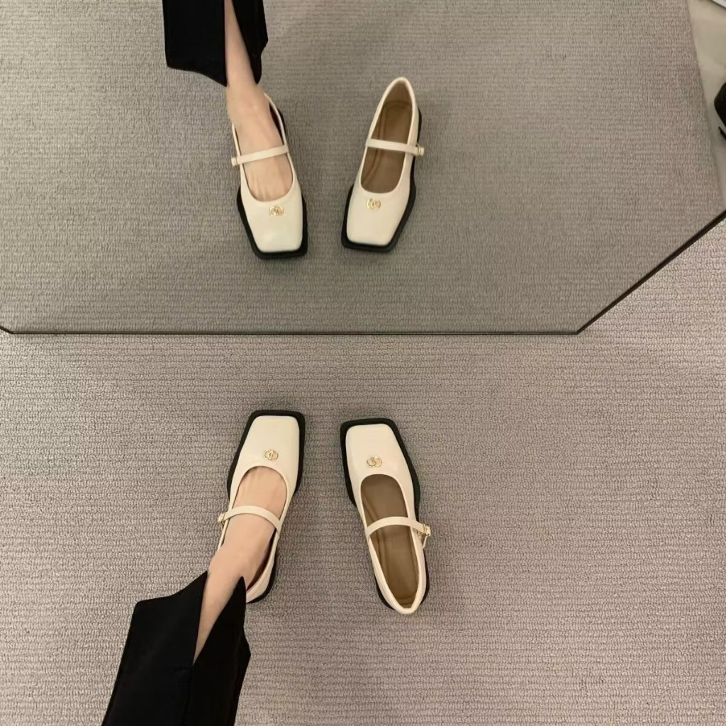Giày Búp Bê Da Mũi Vuông Phong Cách vintage Pháp 2023 Cho Nữ