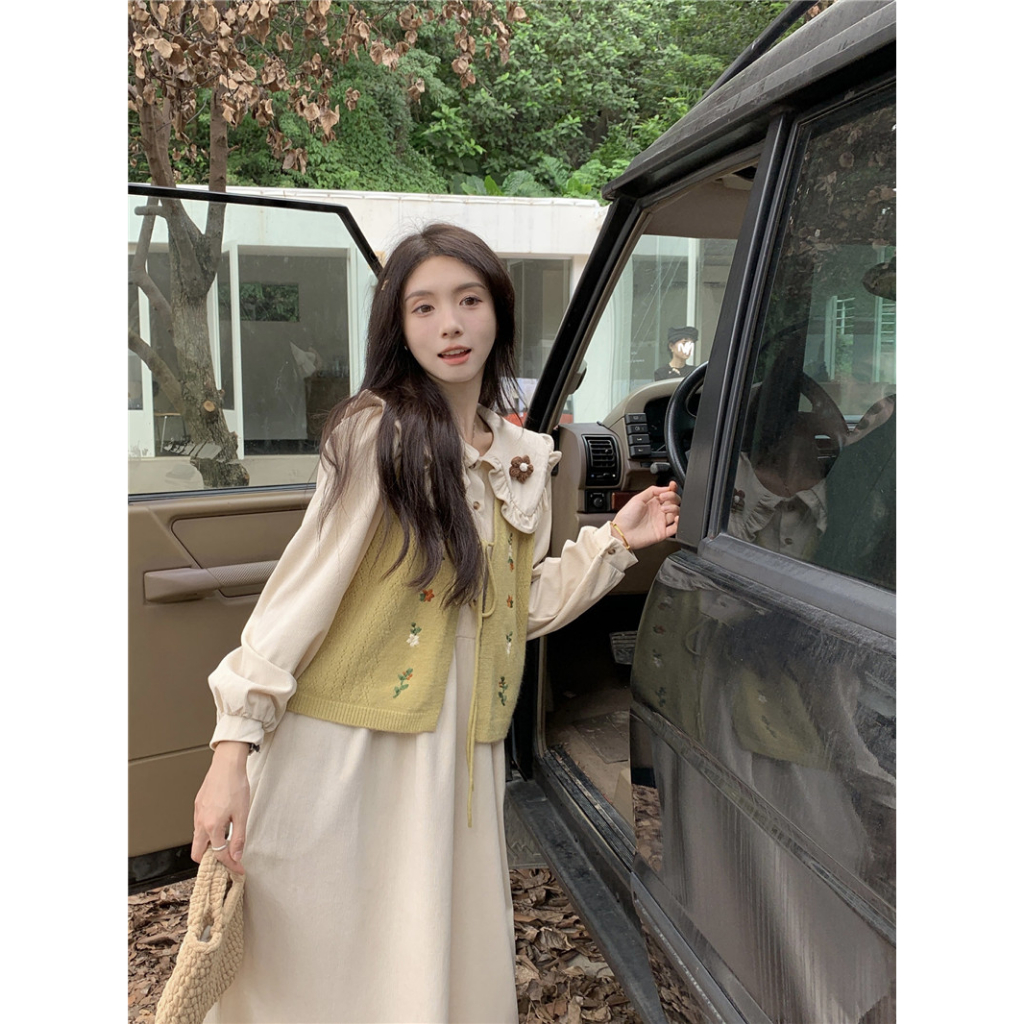 Xiaozhainv Đầm midi Dài Tay Cổ Búp Bê + Áo Khoác Len Cộc Tay Thêu Họa Tiết Thời Trang Hàn Quốc Cho Nữ
