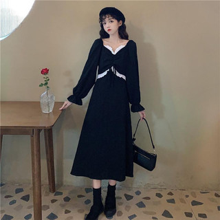 Phiên bản mùa thu Hàn Quốc ngọt ngào viền ren khâu cổ vuông dây rút buộc dài tay eo thon gọn váy đen nhỏ