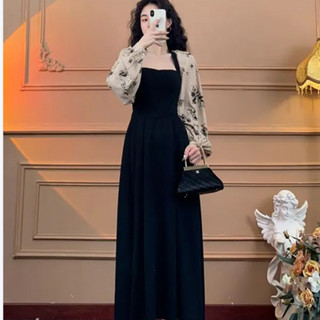 Spring and Autumn Fashion Square Collar Floral Dress with Long Waist for Women