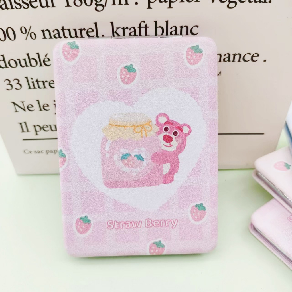 KMHO Gương Trang Điểm mini Cầm Tay Gấp Đôi Hình Vuông Họa Tiết Gấu Dâu Tây Dễ Thương Sáng Tạo Dành Cho Học Sinh