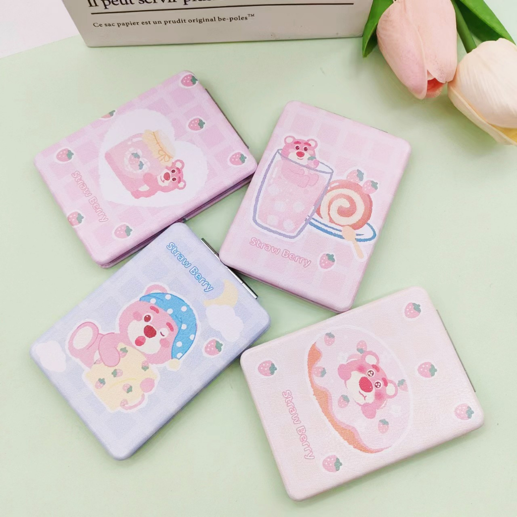 KMHO Gương Trang Điểm mini Cầm Tay Gấp Đôi Hình Vuông Họa Tiết Gấu Dâu Tây Dễ Thương Sáng Tạo Dành Cho Học Sinh