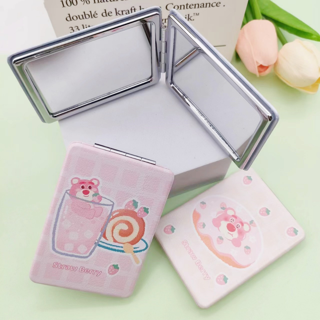 KMHO Gương Trang Điểm mini Cầm Tay Gấp Đôi Hình Vuông Họa Tiết Gấu Dâu Tây Dễ Thương Sáng Tạo Dành Cho Học Sinh