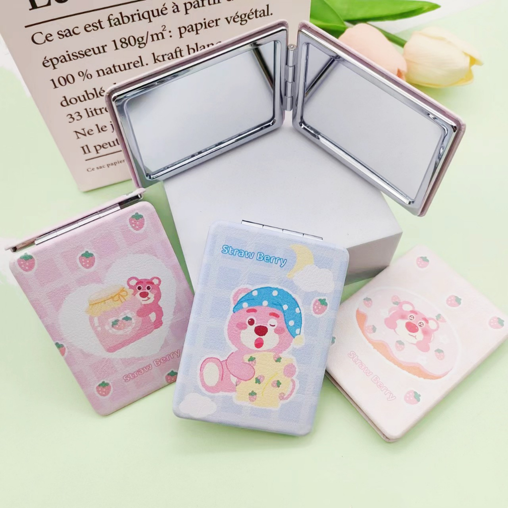 KMHO Gương Trang Điểm mini Cầm Tay Gấp Đôi Hình Vuông Họa Tiết Gấu Dâu Tây Dễ Thương Sáng Tạo Dành Cho Học Sinh