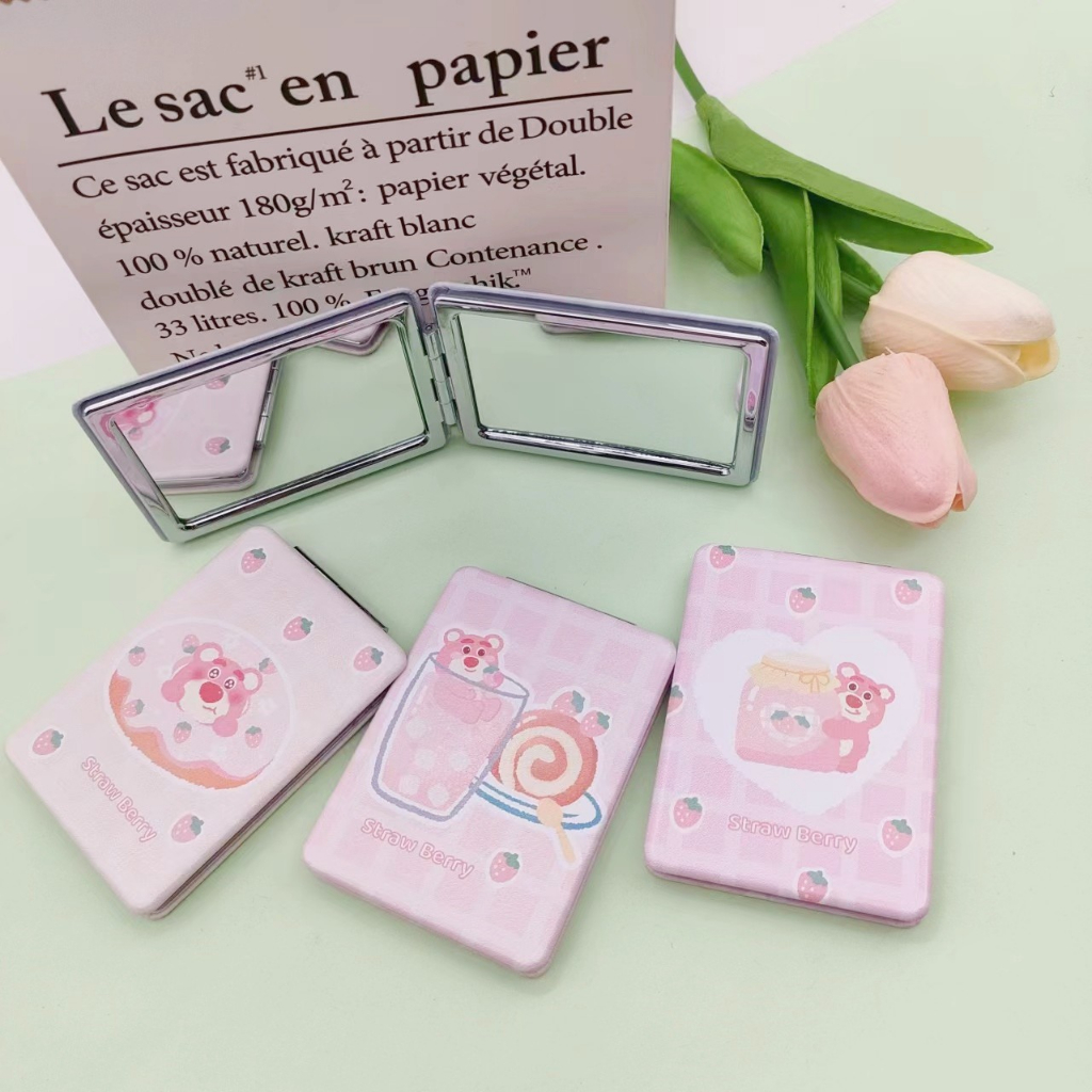 KMHO Gương Trang Điểm mini Cầm Tay Gấp Đôi Hình Vuông Họa Tiết Gấu Dâu Tây Dễ Thương Sáng Tạo Dành Cho Học Sinh