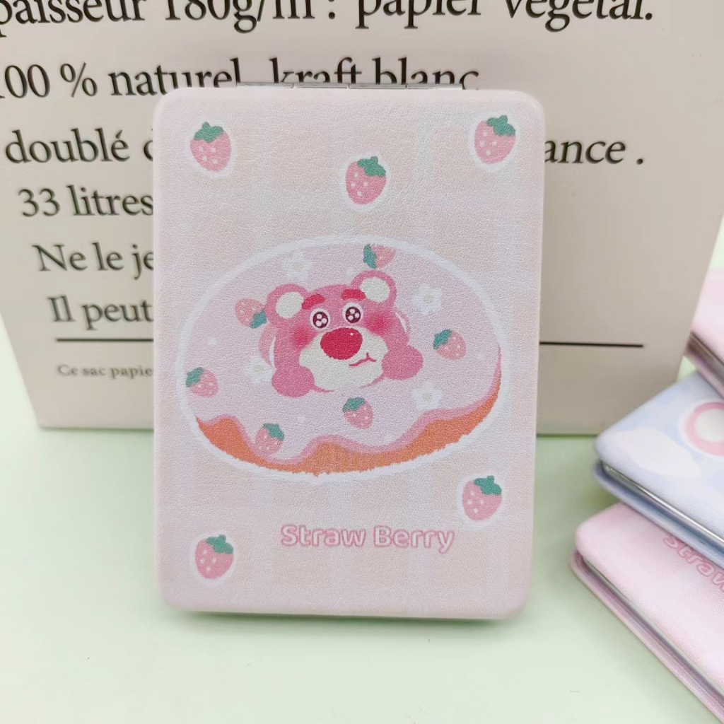 KMHO Gương Trang Điểm mini Cầm Tay Gấp Đôi Hình Vuông Họa Tiết Gấu Dâu Tây Dễ Thương Sáng Tạo Dành Cho Học Sinh