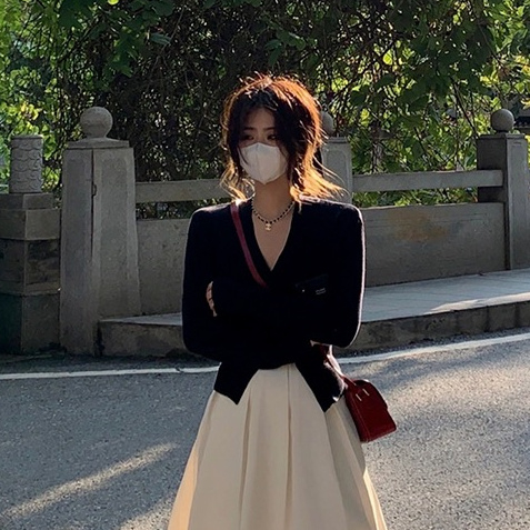 Xiaozhainv Set Áo cardigan Dệt Kim Cổ Chữ v Dài Tay + Chân Váy Chữ a Lưng Cao Thời Trang Hàn Quốc Cho Nữ
