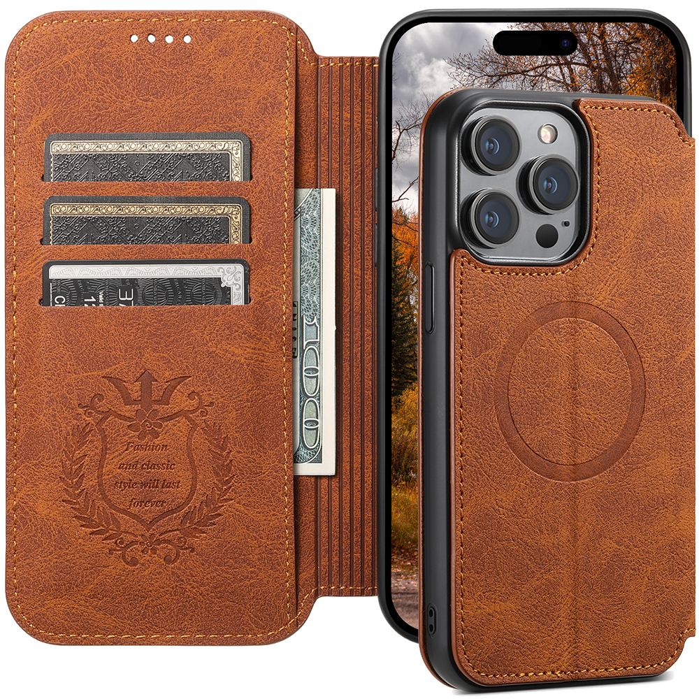 Vỏ ví lật từ tính mạnh mẽ cho iPhone 12 13 14 15 Pro Max Business Retro Sạc không dây Khe cắm thẻ da Giá đỡ điện thoại Vỏ sách