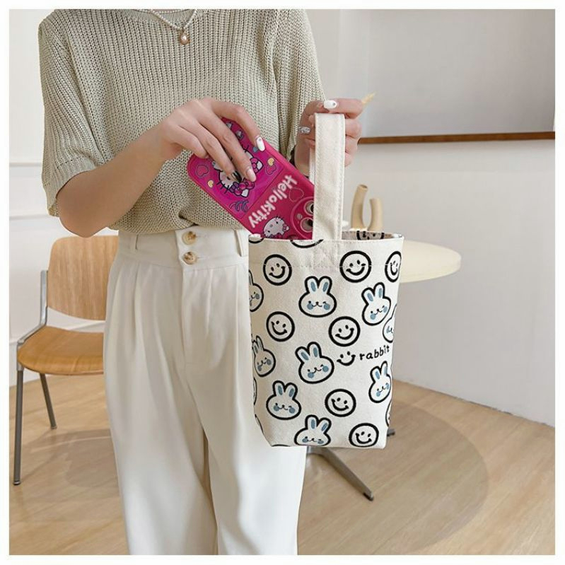 Dễ Thương Túi canvas Đựng Bình Nước In Hình Thỏ Đáng Yêu