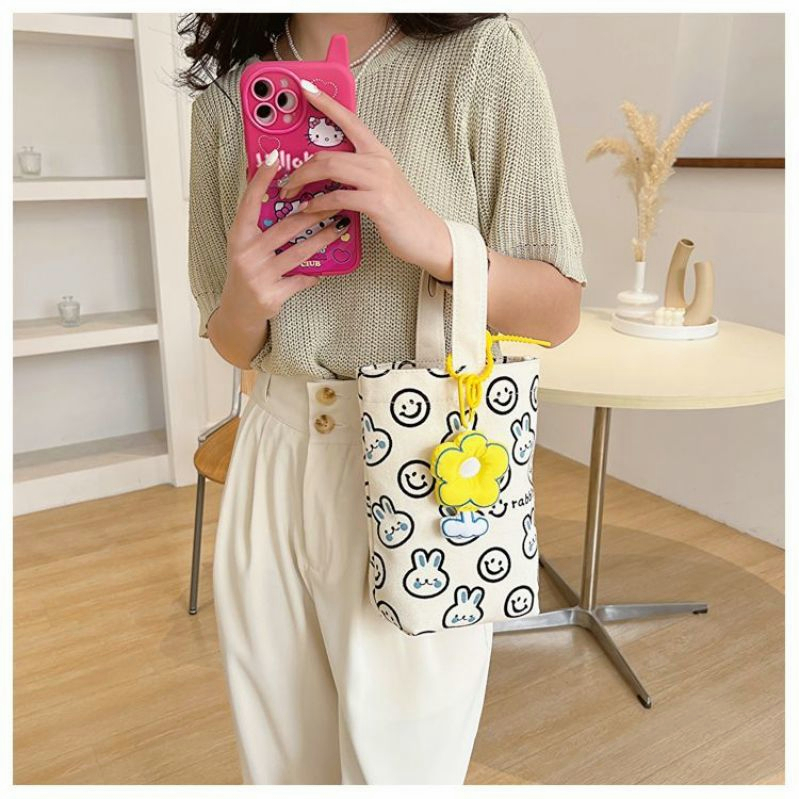 Dễ Thương Túi canvas Đựng Bình Nước In Hình Thỏ Đáng Yêu