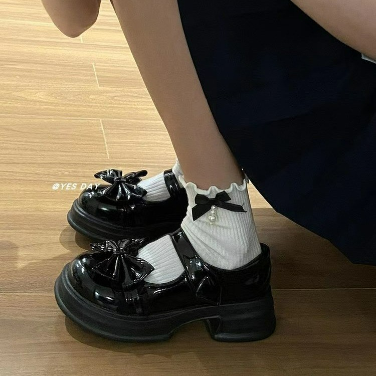 Giày nữ Lolita Giày búp bê giày mary jane Da Mềm Đính Nơ Phong Cách Lolita Cho Nữ Vòng đầu dày đế tăng chiều cao giày nữ